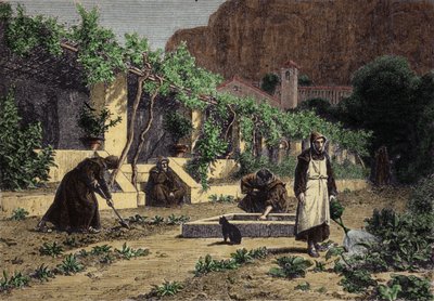 Huerto del monasterio: monjes cultivando vegetales en su jardín. Grabado del siglo XIX de Unknown artist