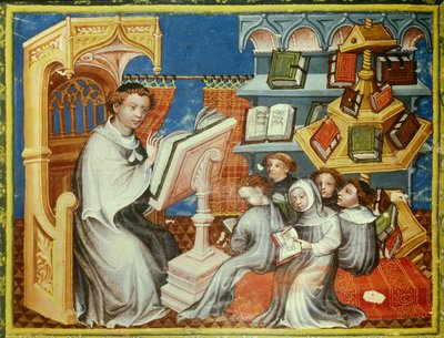 Escuela monástica del convento de los ermitaños de San Agustín en París: un monje en un púlpito lee una lección con adolescentes tonsurados pero también con laicos. A la derecha, una rueda de libra. Miniatura en "biblia historiee" (Biblia historiale) de Pi de Unknown artist
