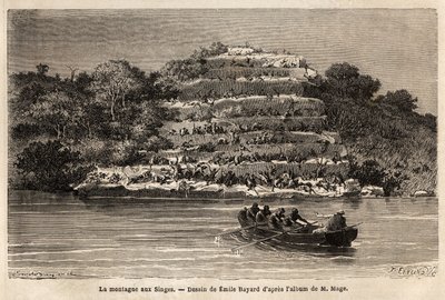 Montaña de los Monos, a lo largo del río Senegal, poco después de las Cataratas de Gouina (Mali). Grabado para ilustrar la historia del viaje del Teniente Mage en el Sudán Occidental entre 1863 y 1866, publicado en "Le tour du monde, nouveau journal des vo de Unknown artist