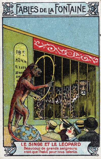 El Mono y el Leopardo - Fábulas de Jean de La Fontaine (1621-95) - Cromolitografía de finales del siglo XIX Colección Privada de Unknown artist