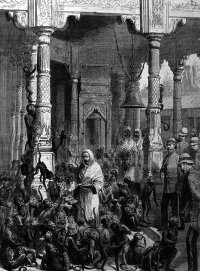 Templo de los monos en Varanasi (anteriormente Benarés) en 1877. de Unknown artist