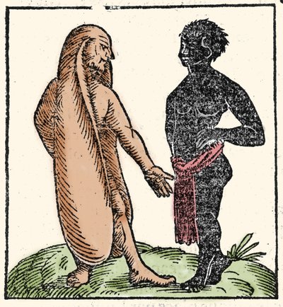 Criaturas monstruosas: dos hombres africanos, uno de ellos con orejas largas para protegerse del sol y el frío. Cuando una situación los intimida, sus orejas les permiten volar. Simbólicamente les permiten escuchar mejor la palabra de Dios. de Unknown artist