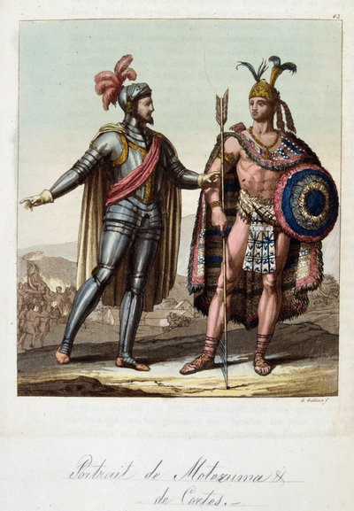 Montezuma II, rey azteca, y Hernán (o Hernando) Cortés o Fernand Cortez (1485-1547), conquistador español - en “El traje antiguo y moderno” de Ferrario, ed. Milán de Unknown artist