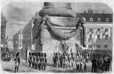 Mañana de la fiesta nacional del 15 de agosto de 1864 al pie de la columna de la Place Vendome en París. Grabado en “The Illustrious Universe” de Unknown artist