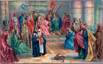 Moisés y Aarón contra el faraón enojado. Cromolitografía de finales del siglo XIX. de Unknown artist
