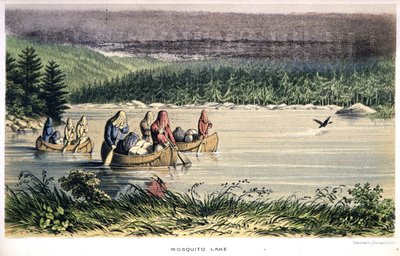 Lago Mosquito en Canadá: indios reman a través del lago con redes de mosquitos en la cabeza - en 