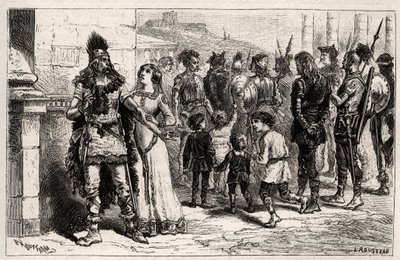 Conmovida por este triste espectáculo, Teodequilda o Tichilde (hija de Thierry I) (muerta en 534) pide la vida y libertad del cautivo - grabado en "Las Mujeres Ilustres de Francia" por Oscar Havard - 1886 de Unknown artist
