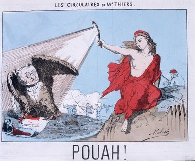 Los volantes del Sr. Thiers - ¡Puaj! : Caricatura de Thiers en Búho y Marianne (La comuna) lo ilumina. de Unknown artist
