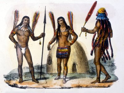 Indios Mundrucu y Jívaros en Ecuador. Grabado 1846-48 de Unknown artist