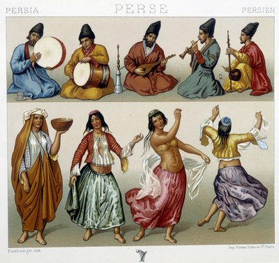 Músicos y bailarines en Persia - en "El traje histórico" de Racinet de Unknown artist