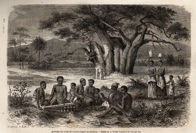 Músicos tocando marimba (una mezcla de balafón e instrumentos precolombinos) en las orillas del río Zambeze. Grabado para ilustrar los primeros viajes del Dr. Livingstone al sur de África de 1840 a 1856, en “Le tour du monde, nuevo diario de viajes” de Unknown artist