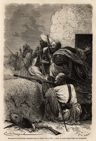 Montañeses musulmanes reasentados en las montañas de Svat, luchando contra una expedición inglesa en 1863 para detener el saqueo de aldeas en la región. Grabado para ilustrar la historia de Pandjab y Cachemira, por Guillaume Lejean en 1866, publicado en “L de Unknown artist
