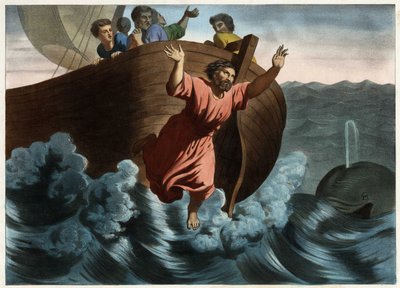 Nombrado responsable de la tormenta que amenazaba el barco, Jonás sugirió que lo arrojaran por la borda. Dios envió un pez que se tragó al profeta. Grabado anónimo de mediados del siglo XIX. de Unknown artist