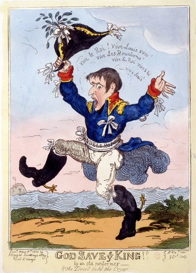 Napoleón I canta “Vive le roi” para el advenimiento de Luis XVIII - en “Napoleón I”, colección de caricaturas de Unknown artist