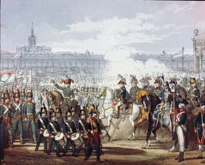 Napoleón Bonaparte (1769-1821) revisa la legión lombarda y cispadana de la milicia el 09/07/1797. Grabado en acuarela. Milán, Museo del Risorgimento de Unknown artist