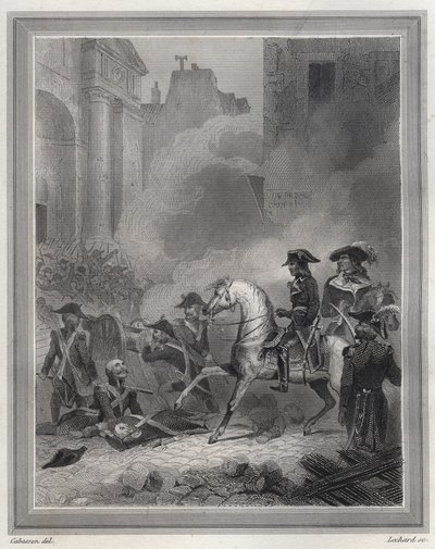 Napoleón aplastando la rebelión realista - Napoleón Bonaparte (a caballo) comandando tropas revolucionarias en combates callejeros el 13 Vendémiaire (5 de octubre) - 13 Vendémiaire 1795 (Insurrección realista del 5 de octubre de 1795): Bonaparte restableci de Unknown artist