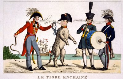 Napoleón I en un tigre encadenado sostenido por un oficial británico con un látigo. Rusia y Austria tocando música al lado. Caricatura de 1815 de Unknown artist