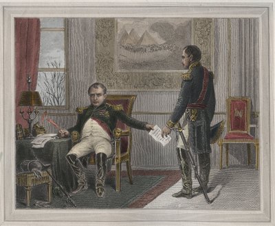Napoleón firmando su abdicación en 1814 - Napoleón Bonaparte (1769-1821) en Fontainebleau durante su primera abdicación, firmada en abril de 1814. Grabado en "Les Fastes populaires, ou Histoire des actes héroïques du peuple et de su influencia sur las cien de Unknown artist