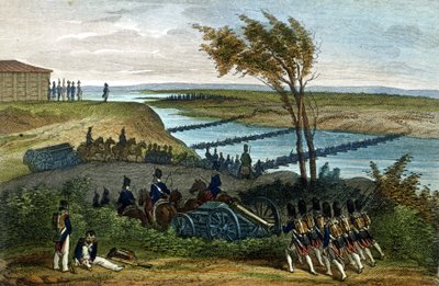 Guerra Napoleónica: Campaña Rusa. Paso del río Niemen (Dnjemen) el 24/06/1812, que separa los dos imperios. Grabado del siglo XIX de Unknown artist