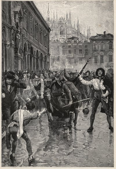 La abdicación de Napoleón provoca disturbios en Milán, y Giuseppe Prina, el impopular ministro de finanzas, es arrastrado por las calles y finalmente asesinado por la multitud en la Piazza San Fedele en Milán, 20 de abril de Unknown artist