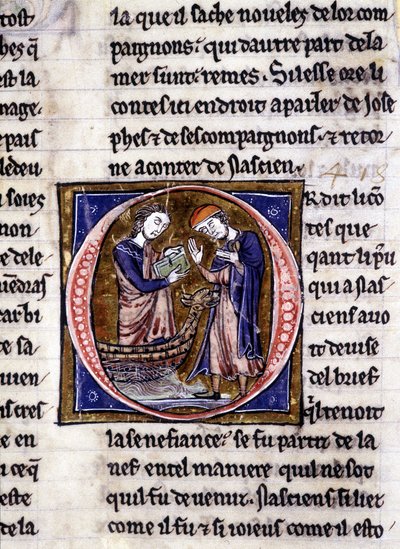 Nascion recibe el libro (?). Manuscrito: Conquista del Santo Grial, escrito 717 años después de la pasión de nuestro señor. Biblioteca municipal de Rennes, ms. 255 (Colección de novelas de la Mesa Redonda); París de Unknown artist