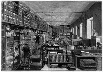 Biblioteca Nacional en París: Oficina del Catálogo. Arriba están las cajas de las obras. Grabado en “La Nature: revue des sciences et de leurs applications aux arts et a l