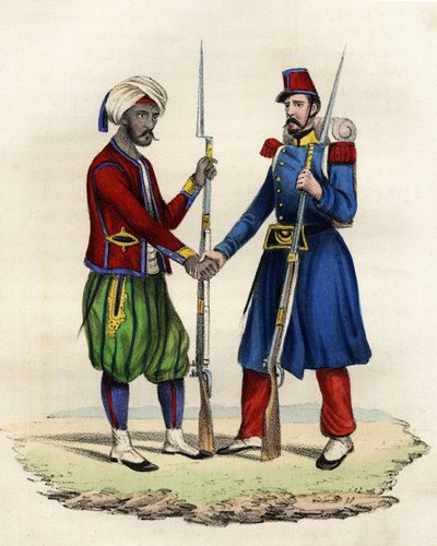 Cazadores nativos y franceses del ejército francés de África en Argelia en 1830. En “Storia d