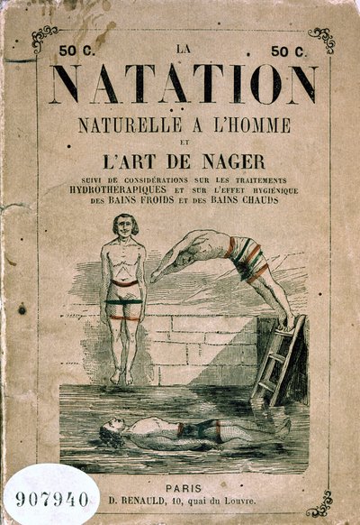 Natación natural con hombre y el arte de nadar, y consideraciones sobre tratamientos de hidroterapia y el efecto higiénico de los baños fríos y calientes - Frontispicio, finales del siglo XIX de Unknown artist