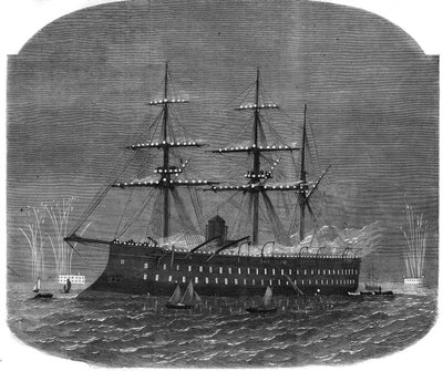 Iluminación naval en el puerto de Spithead durante el viaje del Sultán egipcio Ismail Pasha (1830-1895) a Inglaterra. Grabado en "The Illustrous Universe" de Unknown artist