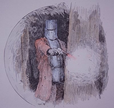 Ned Kelly con su armadura casera, en confrontación con la policía (grabado coloreado a mano) de Unknown artist