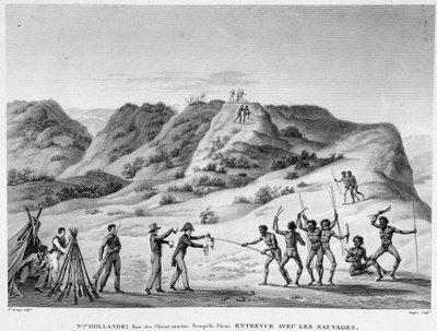 Nueva Holanda, Bahía de Perros Marinos, península de Peron: entrevista con los indios (encuentro entre aborígenes y colonos) - grabado, principios del siglo XIX de Unknown artist
