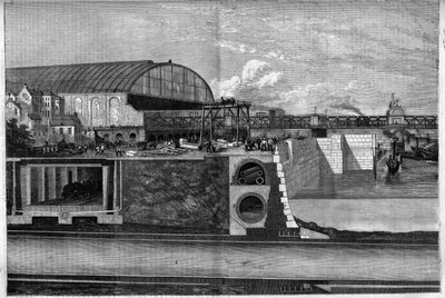 Nueva sección del muelle del Támesis en Londres, Inglaterra indicando: 1. La ruta subterránea superior para tuberías de agua y gas y cables telegráficos; 2. Alcantarilla cilíndrica; 3. Ferrocarril metropolitano; 4. Ferrocarril atmosférico. Grabado en "The  de Unknown artist