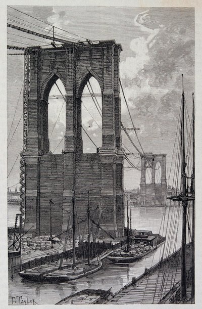 Nueva York: pilares del Puente de Brooklyn en construcción - en "Le Tour du Monde", 2º semestre 1881 de Unknown artist