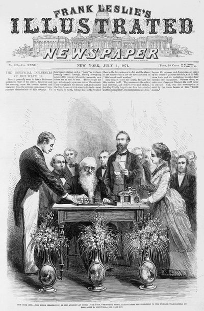 Nueva York - Celebración de Morse en la Academia de Música, 10 de junio - Profesor Morse manipulando su firma en el mensaje telegrafiado por Miss Sadie E. Cornwell - en Frank Leslie