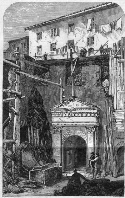 Nuevas excavaciones en Roma: descubrimiento de un puesto de vigilantes de la séptima cohorte (militares del Imperio Romano). Grabado en 