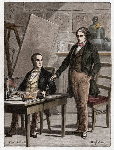 Niepce leyendo a Louis Daguerre la descripción de la Heliografía, para la fijación de imágenes de la cámara oscura - Nicéphore Niepce (1765-1833), inventor francés, pionero de la fotografía leyendo a Daguerre la descripción de su método para la fijación de de Unknown artist