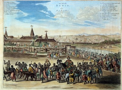 Capital de Nigeria del reino de Benín, salida solemne del Rey Houegbadja en Obamey en 1680. Grabado de 1686. París, Artes Africanas y Oceánicas de Unknown artist