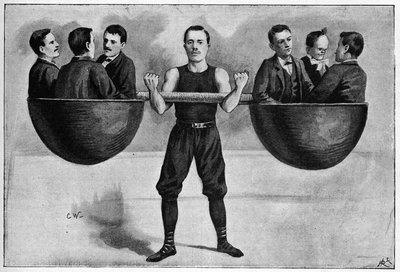 Nino joven italiana de 24 años en el circo de invierno llevando a seis hombres en su brazo. De una foto de 1898. de Unknown artist