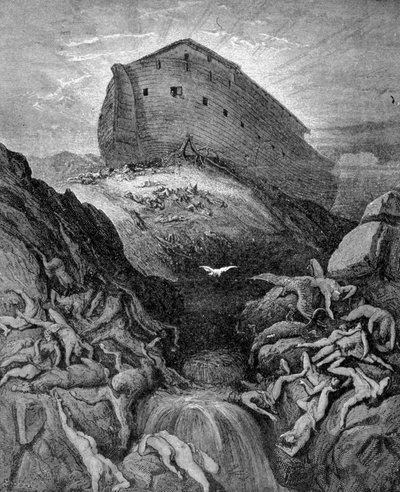 Noé envía una paloma a la Tierra, según el Génesis. Grabado del siglo XIX. de Unknown artist