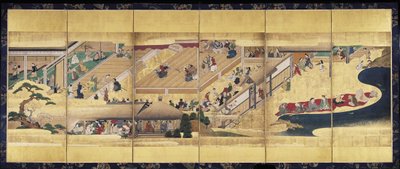 Obra Noh: Funa Benkei (tinta, colores y oro sobre papel, pantalla de seis paneles) de Unknown artist