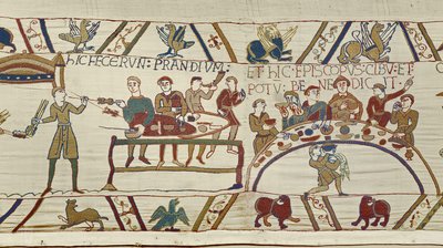 Sirvientes normandos preparan un banquete para Guillermo y el obispo Odo bendice la comida, Tapiz de Bayeux de Unknown artist
