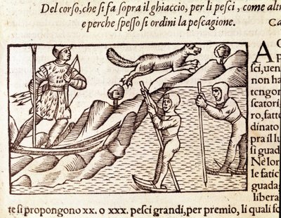 Cazadores noruegos moviéndose en esquís. Grabado de Olaus Magnus (1490 - 1557), religioso y geógrafo sueco, "Historia de Gentis Septentrionalibus", Venecia de Unknown artist