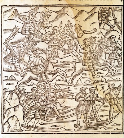 Cazadores noruegos viajando en esquís y renos. Grabado de Olaus Magnus (1490 - 1557), religioso y geógrafo sueco, "Historia de Gentis Septentrionalibus", Venecia de Unknown artist