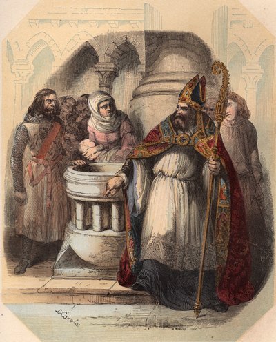 Notger (930-1008) (Notker de Lieja), obispo de Lieja, durante el bautismo de Otón III (980-1002), rey de Alemania. Grabado de 1868 en “Histoire de Belgique desde los tiempos primitivos hasta el final del reinado de Leopoldo I” de Theodore Juste (1818-1888) de Unknown artist
