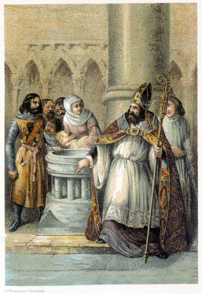Notger (930 - 1008), obispo de Lieja, durante el bautismo de Otón III (980-1002), rey de Alemania. Cromolitografía del siglo XIX. de Unknown artist