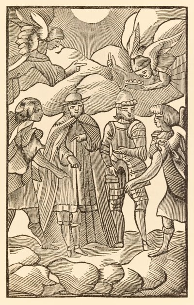 Ahora, ahora mira cómo los santos peregrinos cabalgan, las nubes son sus carros, los ángeles son sus guías de El progreso del peregrino de este mundo al que está por venir de John Bunyan de Unknown