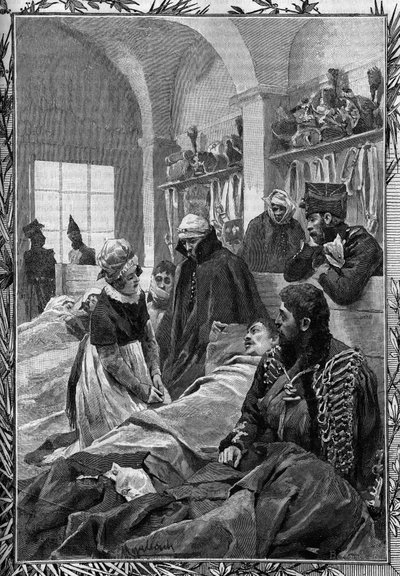 La enfermera Marguerite Favet trató a los heridos en el Hospital de Campaña durante la Guerra de 1813 contra los alemanes. de Unknown artist