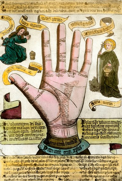 Ciencias ocultas: la mano con sus líneas para leer el futuro. Lámina extraída de una quiromancia de Unknown artist