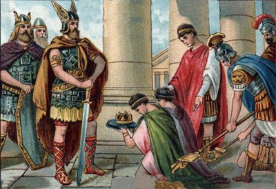 Odoacro (Odovacar, 435-493), jefe de los Hérulos, obliga a la abdicación de Rómulo Augústulo, en latín Flavio Rómulo Augusto (o Rómulo Augústulo), alrededor de 460 - 511), último emperador romano de occidente en 476. Cromolitografía alrededor de 1890 de Unknown artist