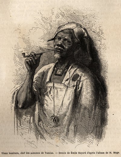 Viejo Bambara, jefe de tribu en Yamina (Níger) fumando la pipa y usando la cubierta tradicional de jefe de su tribu. Grabado para ilustrar el viaje al Sudán Occidental del Teniente (Marina) M.Mage, en 1863-1866, publicado en 